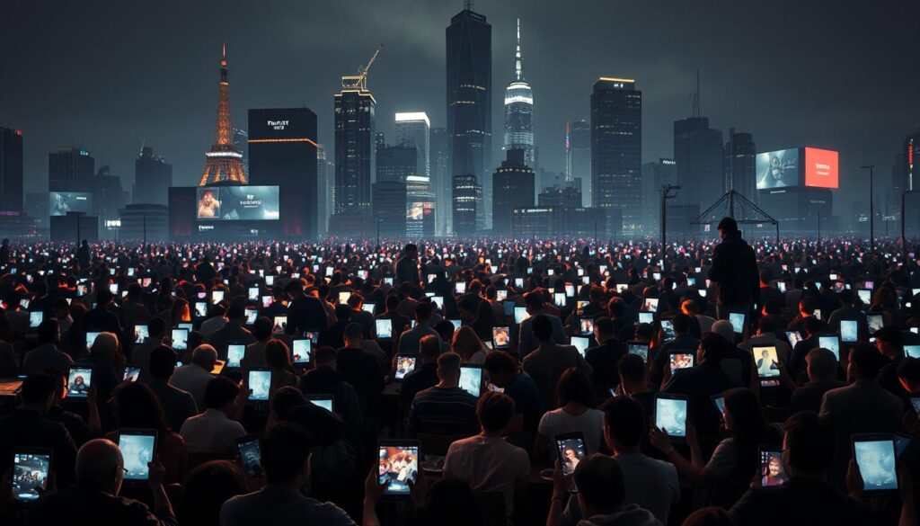 A densely crowded cityscape, the urban landscape overwhelmed by a sea of glowing screens. In the foreground, individuals hunched over their devices, oblivious to their surroundings, their faces bathed in the cold light of LCD panels. The middle ground depicts various social settings - a family dinner table, a group of friends, all captivated by the allure of their screens, disconnected from genuine human interaction. The background showcases the looming presence of towering skyscrapers, a metaphor for the dominance of technology in modern life. Dramatic lighting and a muted color palette convey a sense of melancholy and the erosion of real-world connections, a visual representation of the "social impact of screen addiction."