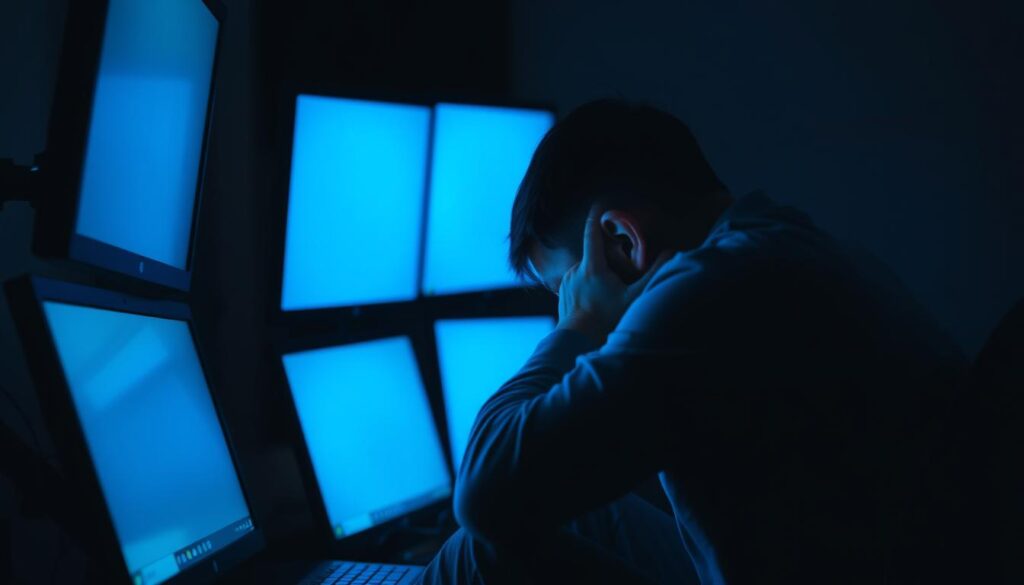 A dimly lit room with a person sitting hunched over multiple digital screens, their face illuminated by the harsh blue light. The background is blurred, emphasizing the subject's fixation on the screens. Subtle shadows cast by the displays accentuate the sense of overwhelming technology. The scene conveys a sense of exhaustion and disconnection, reflecting the perspective of Dr. Jo Furlan on the detrimental effects of excessive screen time.