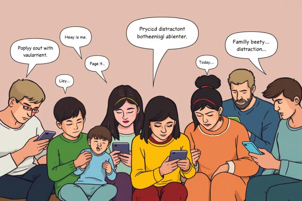 Família tentando interagir enquanto todos estão distraídos com dispositivos eletrônicos, mostrando impacto da obesidade cerebral