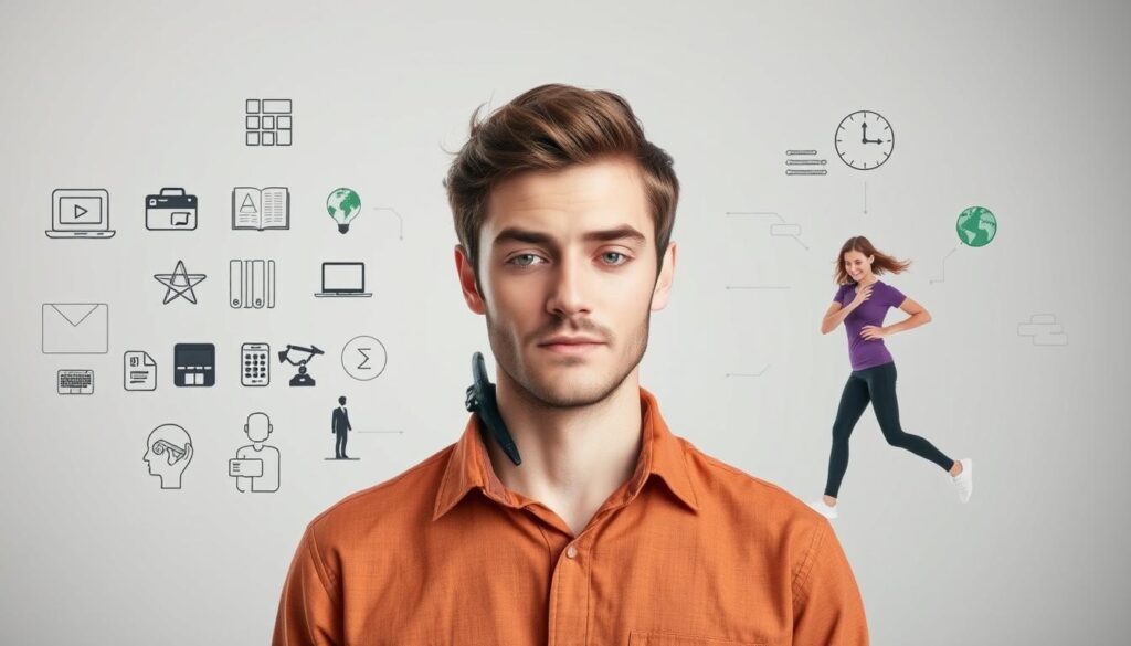 Pessoa demonstrando equilíbrio entre tecnologia e bem-estar mental, superando obesidade cerebral