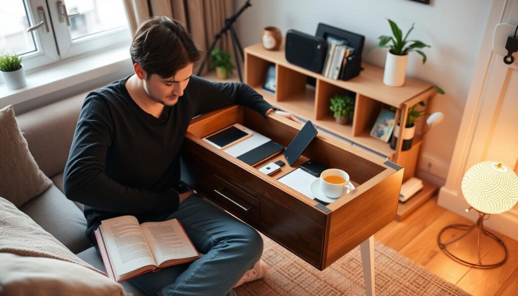 Pessoa praticando desintoxicação digital, deixando dispositivos de lado para combater obesidade cerebral