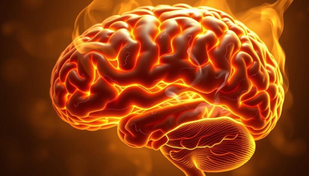 A brain cross-section illuminated by diffused, golden light, revealing the intricate neural pathways, synapses, and regions impacted by stress. Wisps of smoke or energy pulses emanate from stressed areas, visually depicting the physiological and neurochemical changes caused by prolonged anxiety. The brain is rendered in a realistic, high-detail style, allowing viewers to appreciate the complexity of this vital organ and understand the profound effects stress can have on its structure and function.