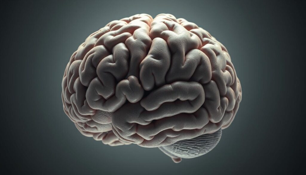 A brain encased in a thick layer of adipose tissue, its neural pathways obscured by the excess weight. The cortex appears muted, its vibrant gray matter blanketed by a heavy, opaque hue. Cerebral blood vessels struggle to push through the dense, insulating fat, starving the brain of vital oxygen and nutrients. The scene conveys a sense of cognitive impairment, a metaphorical "obesity" of the mind, hampering mental acuity and emotional regulation. Soft, diffused lighting casts a somber, pensive mood, emphasizing the gravity of this condition. Rendered in a realistic, hyper-detailed style, the image serves as a visual representation of the concept of "cerebral obesity" and its detrimental impact on cognitive health.