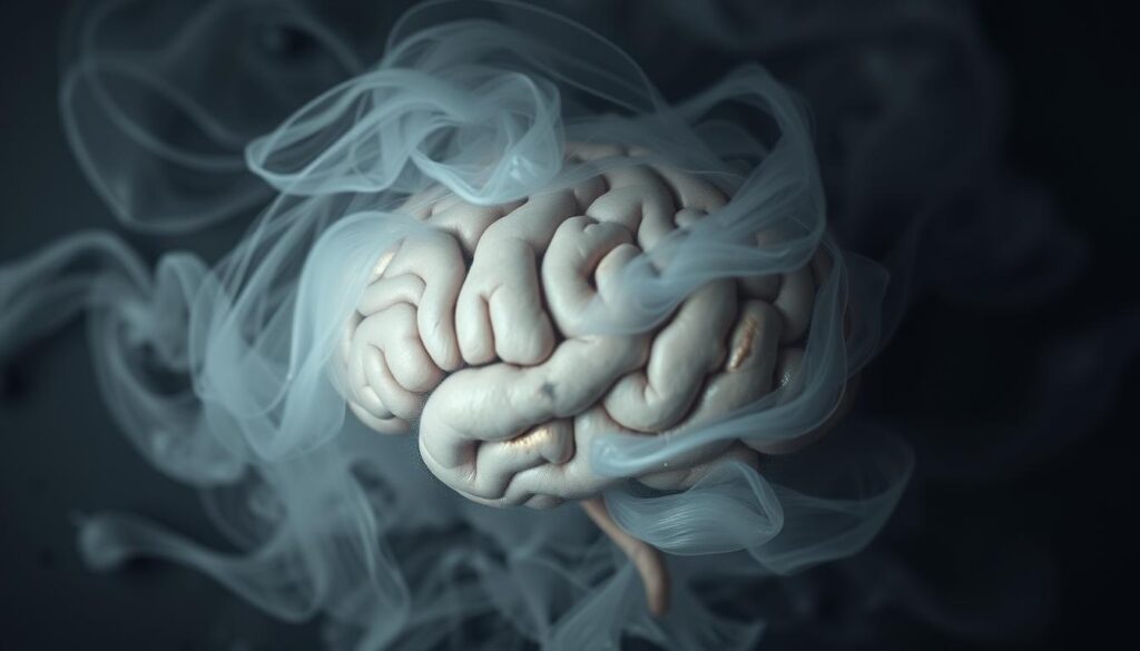A brain engulfed in a swirling cloud of gray and white, conveying the physiological connection between stress and cerebral obesity. The brain appears strained, with visible veins and a slightly distorted shape, symbolizing the impact of prolonged stress. The background is blurred, creating a sense of focus on the central nervous system. Soft, muted lighting casts a somber, contemplative mood, inviting the viewer to ponder the intricate relationship between mental and physical well-being. The composition emphasizes the brain's central role in this complex dynamic, capturing the essence of the section title "The Relationship between Stress and Cerebral Obesity".