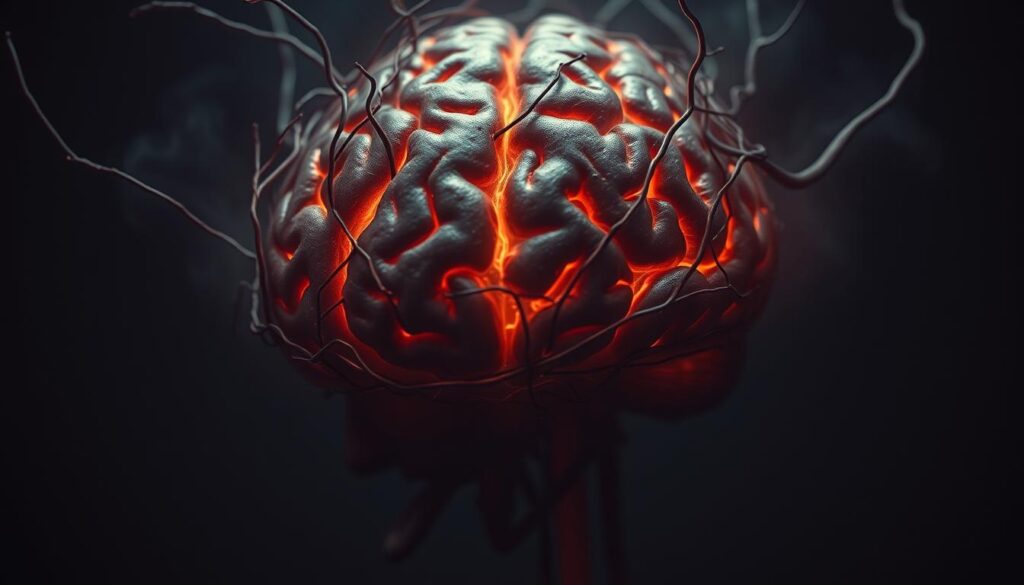 A brain engulfed in a web of anxious thoughts, neural pathways lit up with distress. Tense, furrowed brow, eyes darting, synapses firing erratically. Cerebral cortex shrouded in a hazy fog, weight of worry pressing down, disrupting cognitive function. Vascular system strained, blood flow impeded, nutrients unable to nourish the overwhelmed organ. Backdrop of muted, subdued tones, shadows creeping in, conveying the heavy, oppressive nature of this cerebral state. Close-up, cinematic composition, dramatic lighting accentuating the intensity of the scene. Evokes a sense of the debilitating impact of the mind-body connection in cases of "obesidade cerebral" and anxiety.