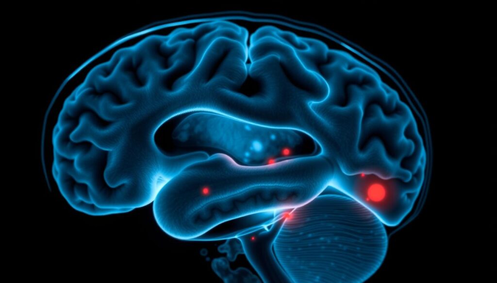 A brain scan revealing the physiological effects of obesity, showcasing a cross-section of the human brain. The image displays enlarged ventricles, reduced gray matter volume, and increased inflammation, illustrating the detrimental impact of excess weight on cognitive function and neurological health. The scene is captured with a clinical, high-resolution medical imaging aesthetic, using a close-up angle and neutral lighting to highlight the anatomical details. The mood conveys a sense of scientific objectivity, inviting the viewer to understand the complex interplay between the body and the mind.