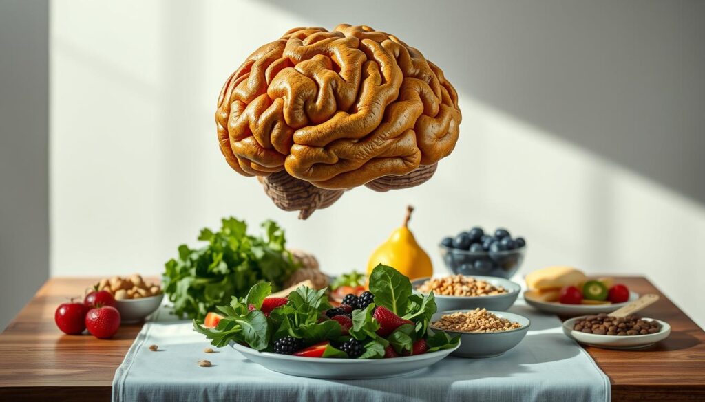A brain-shaped fruit or vegetable, like a pear or avocado, floating above a table set with various healthy foods. The brain is made of natural, organic materials like bark or leaves, with intricate folds and textures. Diffused natural lighting casts soft shadows, creating a contemplative, almost scientific atmosphere. The table is wooden, with a simple white tablecloth, and the foods include fresh greens, berries, nuts, and whole grains, arranged in a balanced, visually appealing composition. The overall scene conveys the idea of the brain's influence on our dietary choices and the importance of nourishing both body and mind.