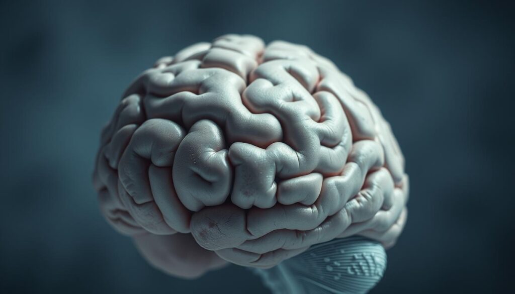A close-up view of a human brain, swollen and distorted, signifying the concept of "obesidade cerebral". The brain appears heavy, sluggish, and overburdened, with a hazy, bluish-gray tone that conveys a sense of cognitive impairment. The foreground is sharply in focus, while the background is softly blurred, drawing the viewer's attention to the central subject. Diffused lighting from above casts subtle shadows, emphasizing the cerebral folds and textures. The overall mood is one of concern and unease, reflecting the negative impacts of "obesidade cerebral" on mental function and well-being.