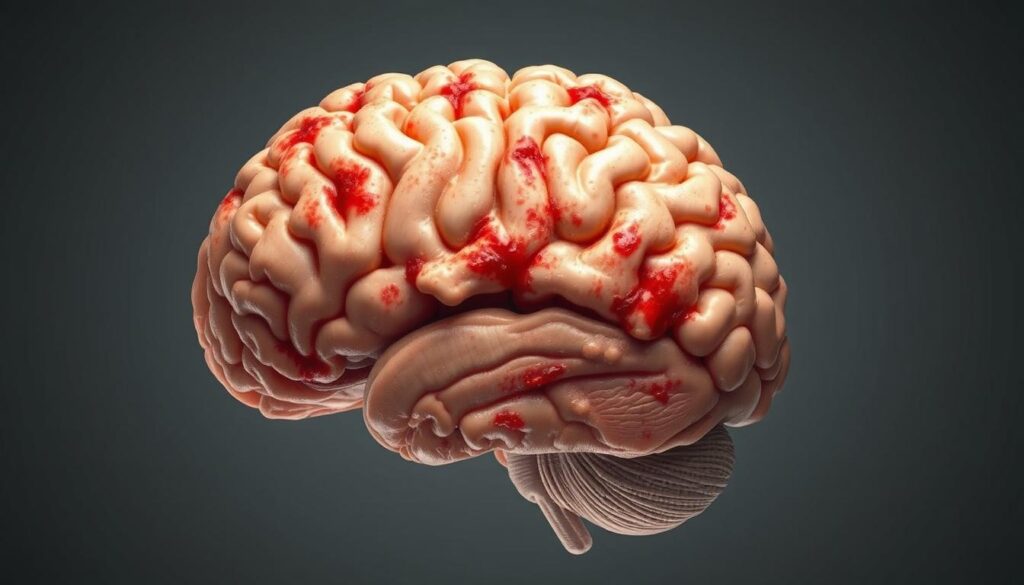 A cross-section of a human brain, enlarged to reveal its intricate structure. The cortex appears swollen and inflamed, with visible deposits of fatty tissue accumulating throughout. The scene is captured under bright, clinical lighting, conveying a sense of medical scrutiny. The background is a muted, neutral palette, keeping the focus on the pathological condition of "cerebral obesity". The image should evoke a sense of concern and the need for intervention, aligning with the article's theme of addressing this neurological issue through dietary and behavioral changes.