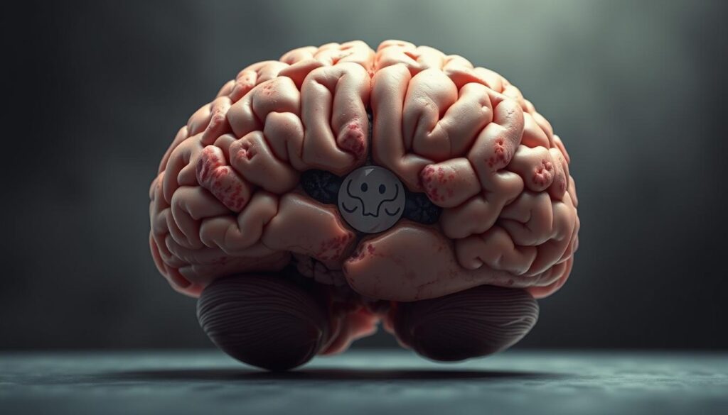 A cross-section of a human brain, with excessive fatty deposits and inflammation, conveying the concept of "cerebral obesity." The foreground displays the brain in detail, with a mottled, discolored appearance and distorted shape, suggesting the accumulation of unhealthy fats and metabolic imbalances. The middle ground features a stylized, minimalist representation of the skull, hinting at the encapsulation of the afflicted brain. The background is a hazy, subdued gradient, creating a somber, contemplative atmosphere, emphasizing the seriousness of this medical condition. Rendered in a realistic, high-resolution style with subtle lighting and textures, capturing the gravity of the subject matter.