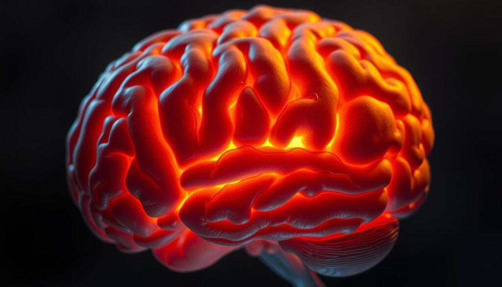 A detailed close-up of the human brain, illuminated by a soft, warm light. The cerebral cortex and limbic system are prominently featured, showcasing the intricate neural networks responsible for sleep regulation. The image has a tranquil, contemplative mood, with a sense of depth and dimensionality. The background is slightly blurred, allowing the viewer to focus on the complex structure and activity of the brain. The lighting creates subtle shadows and highlights, emphasizing the depth and texture of the neural pathways. The overall impression is one of scientific curiosity and a deeper understanding of the neuroscience of sleep.