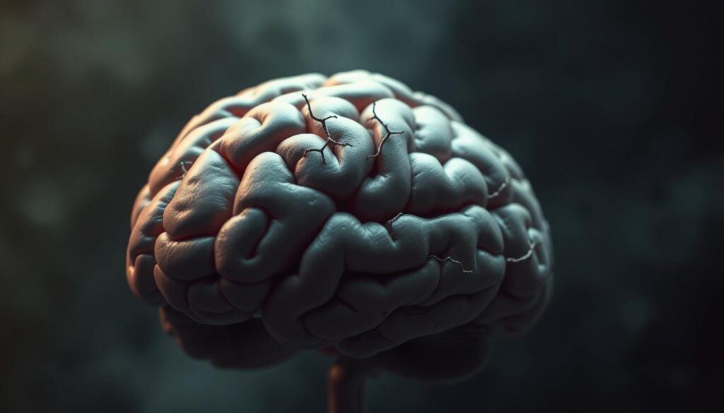 A detailed close-up view of the human brain, showcasing its intricate neural pathways and synaptic connections. The brain is positioned prominently in the foreground, surrounded by a hazy, atmospheric background that suggests the influence of neuroscience on the complex issue of obesity. The lighting is soft and diffused, creating a contemplative, almost scientific mood. The image should convey the deep, multifaceted relationship between the brain's function and an individual's eating behaviors and weight regulation.