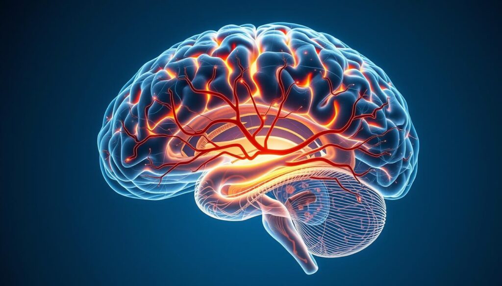 A detailed cross-section of the human brain, showcasing the various regions and neural pathways involved in the regulation of appetite, metabolism, and emotional processing. The image should have a scientific, yet visually striking aesthetic, with a focus on the interplay between the limbic system, prefrontal cortex, and hypothalamus. Subtle, warm lighting illuminates the intricate structures, while a clean, minimalist background allows the neurological elements to take center stage. The overall impression should convey the complexity and potential of applying neuroscience to the treatment of obesity, hinting at the holistic, mind-body approach described in the article.