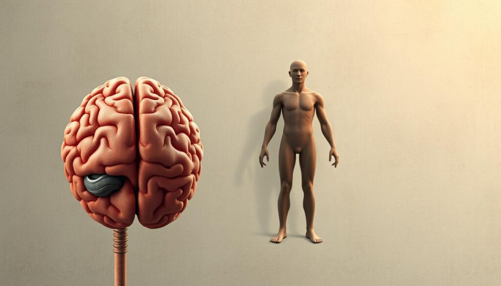 A detailed illustration of the connection between the brain and obesity. In the foreground, a cross-section of the human brain showcases regions associated with appetite regulation, reward processing, and impulse control. In the middle ground, a three-dimensional model of the brain interacts with a stylized representation of the body, highlighting the complex neural pathways that link cognition to metabolic function. The background features a subdued, cerebral atmosphere with subtle textures and muted tones, conveying the intricate, scientific nature of this subject. Soft, directional lighting from the side casts shadows and emphasizes the depth and dimensionality of the scene. The overall impression is one of scientific rigor and a deeper understanding of the neurological underpinnings of obesity.