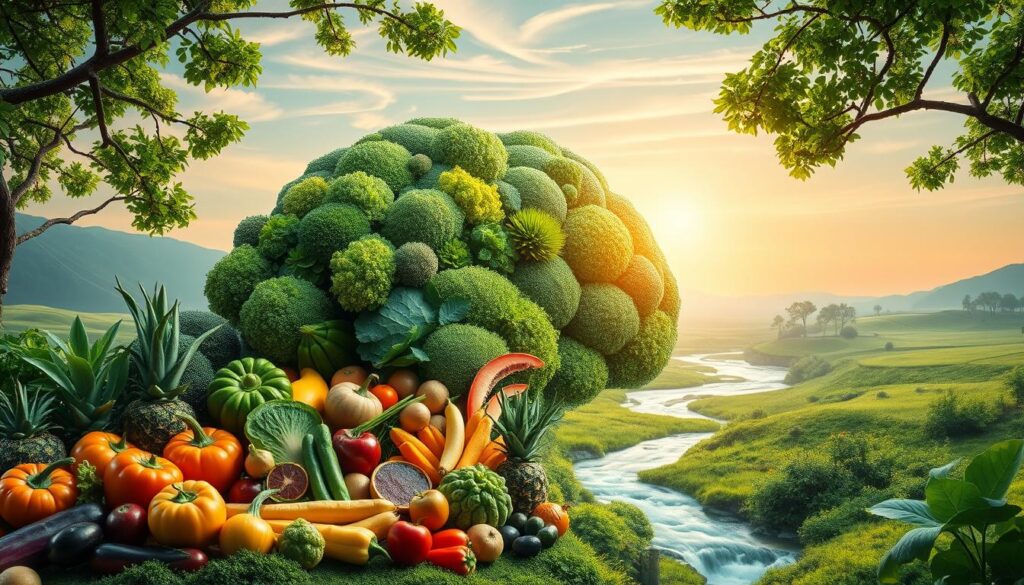 A serene, brain-shaped landscape with lush greenery and vibrant colors, representing the harmony between nutrition and mental health. In the foreground, an array of fresh, organic produce and brain-boosting superfoods create a visually appealing still life. The middle ground features a flowing river or stream, symbolizing the nourishing flow of nutrients to the brain. In the background, a peaceful, contemplative atmosphere with soft lighting and wispy clouds, conveying a sense of mental clarity and well-being. The overall scene exudes a sense of balance, vitality, and the profound connection between what we consume and the health of our minds.