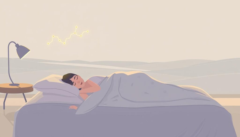 A serene, minimalist illustration depicting the relationship between sleep and obesity. In the foreground, a tranquil sleeping figure on a plush bed, surrounded by peaceful, muted tones. In the middle ground, subtle visual cues alluding to metabolic processes, such as glowing, interconnected pathways. The background showcases a clean, stylized landscape, conveying a sense of balance and harmony. The lighting is soft and natural, creating a calming, meditative atmosphere. The overall composition emphasizes the interconnectedness of sleep and metabolism, inviting the viewer to ponder the importance of rest for maintaining a healthy body.