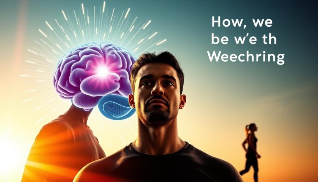 A vibrant, motivational scene depicting the power of the mind and body working in harmony to overcome weight challenges. In the foreground, a determined individual stands tall, their gaze filled with focus and resolve. The middle ground showcases a brain radiating positive energy, symbolizing the neural pathways that drive weight loss. In the background, a sleek, athletic silhouette emerges, representing the physical transformation and renewed sense of well-being. Warm, natural lighting illuminates the scene, conveying a sense of hope and empowerment. The overall mood is one of determination, inner strength, and the belief that lasting change is within reach.