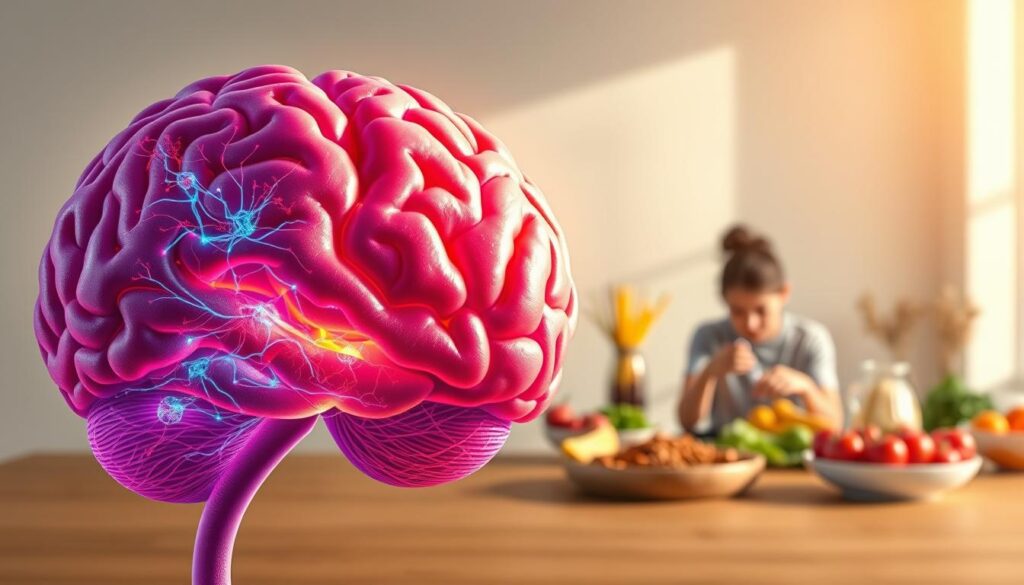 A vibrant, photorealistic illustration depicting the interplay between neuroplasticity and eating behavior. In the foreground, a brain cross-section showcases intricate neural networks, their synapses dynamically adapting to dietary inputs. In the middle ground, a person engages with a diverse array of nutritious foods, their choices influenced by the brain's neuroplastic responses. The background features a soothing, minimalist environment, emphasizing the harmony between the mind and body. Soft, natural lighting casts a warm, contemplative mood, inviting the viewer to consider the profound impact of neuroplasticity on shaping our eating habits and overall well-being.