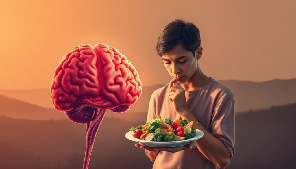 A vibrant, photorealistic illustration depicting the intricate relationship between eating behavior and the human brain. In the foreground, a cross-section of the brain reveals intricate neural pathways, conveying the complex neurological processes underlying our dietary choices and habits. In the middle ground, a person thoughtfully examines a plate of nutritious, visually appealing food, highlighting the interplay between the brain's decision-making and our physical consumption. The background features a subdued, ethereal landscape, suggesting the broader environmental and psychological factors that shape our eating behavior. Warm, directional lighting from the side casts dramatic shadows, adding depth and drama to the scene. The overall tone is one of scientific curiosity and holistic understanding, reflecting the article's focus on a comprehensive approach to addressing obesity and its underlying cerebral mechanisms.